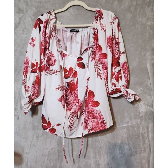 ChicMe Bloody Red floral Off-Shoulder Puff Sleeve Blouse - Chic & Boho Style M - Picture 2 of 5